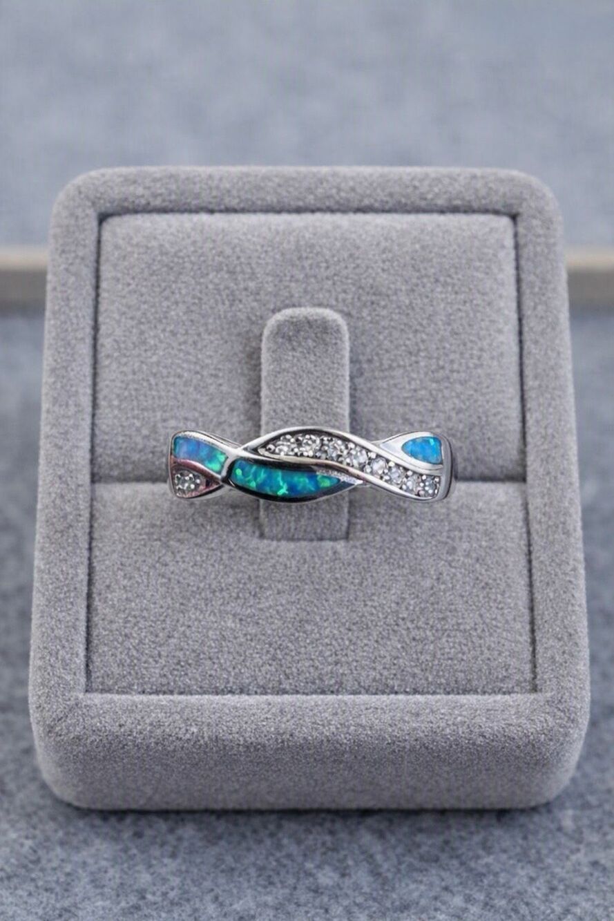 Infinity Sterling Silver Blue Green Opal Twist Ring with CZ Accents Elegant Sz 9